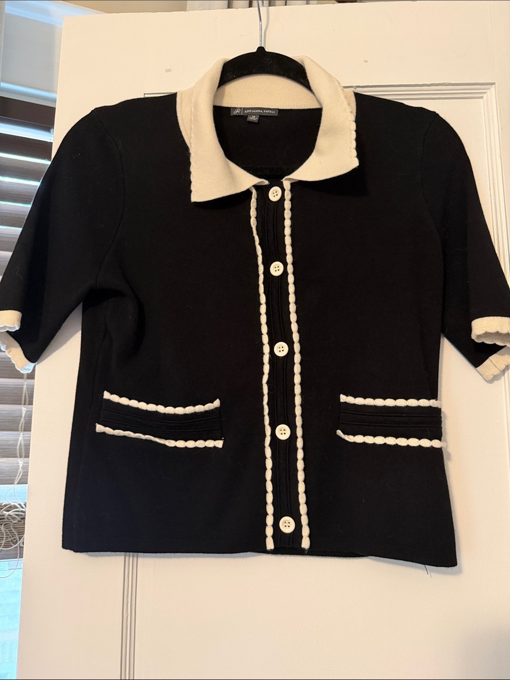 Adrianna Papell Black and Cream Collared Knit Cardigan